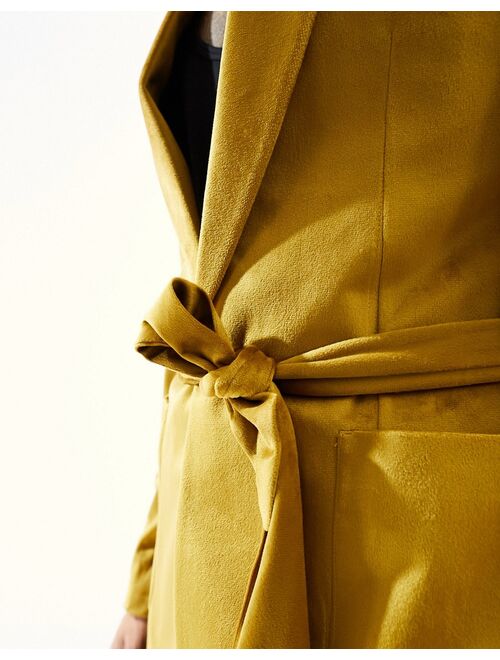 ASOS DESIGN super skinny smoking jacket in mustard velvet with belt