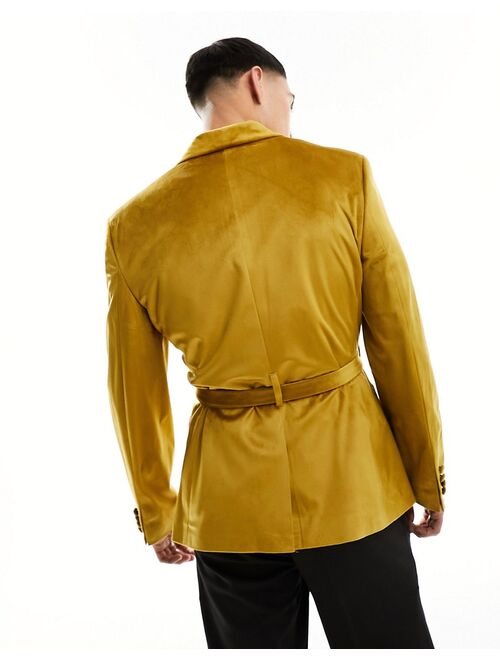 ASOS DESIGN super skinny smoking jacket in mustard velvet with belt