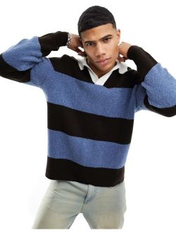 knit relaxed rugby striped boucle sweater in blue