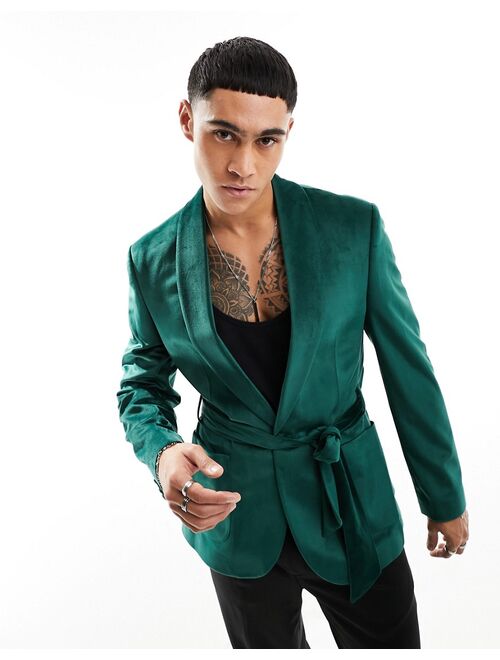 ASOS DESIGN super skinny smoking jacket in dark green velvet with belt