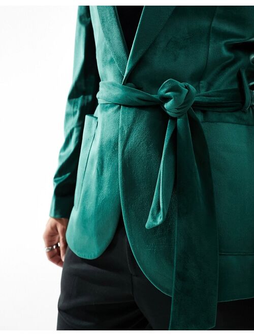 ASOS DESIGN super skinny smoking jacket in dark green velvet with belt