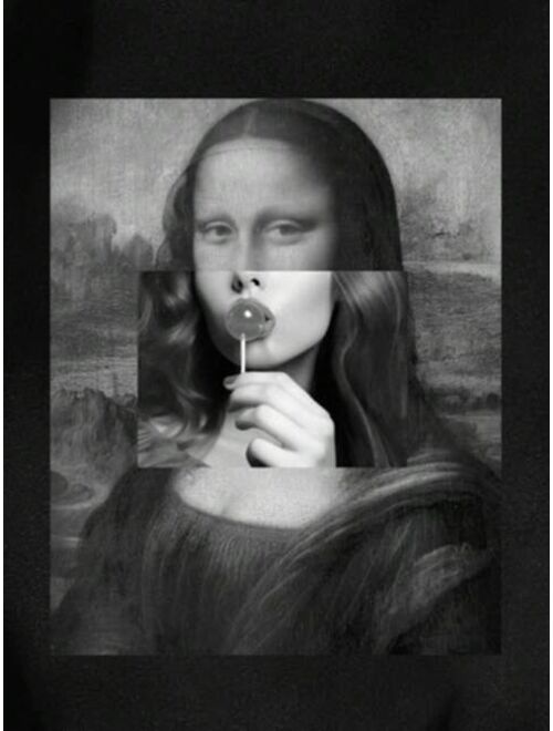 Teen Girls' Casual & Simple Long Sleeve Mona Lisa Printed Crewneck Sweatshirt, Suitable For Autumn/Winter