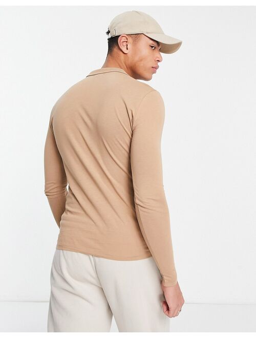 New Look long sleeve polo shirt in camel