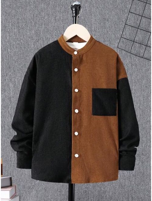SHEIN Boys' Casual Color Block Stand Collar Loose Fit Woven Shirt With Patch Pocket And Button Front