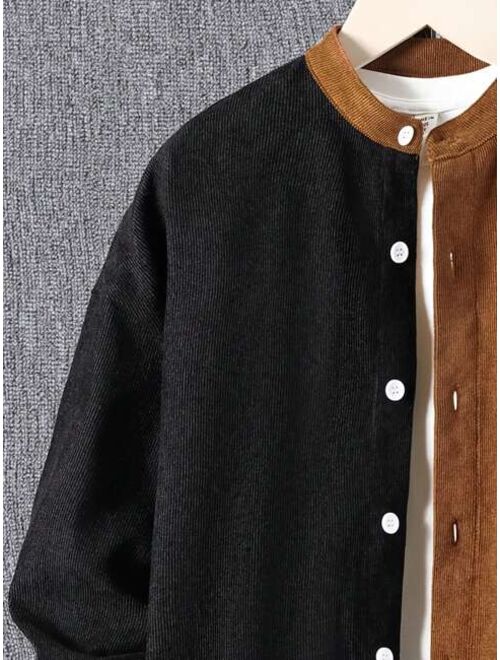 SHEIN Boys' Casual Color Block Stand Collar Loose Fit Woven Shirt With Patch Pocket And Button Front