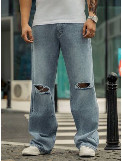 Manfinity Loose Fit Men's Ripped Frayed Straight Leg Jeans