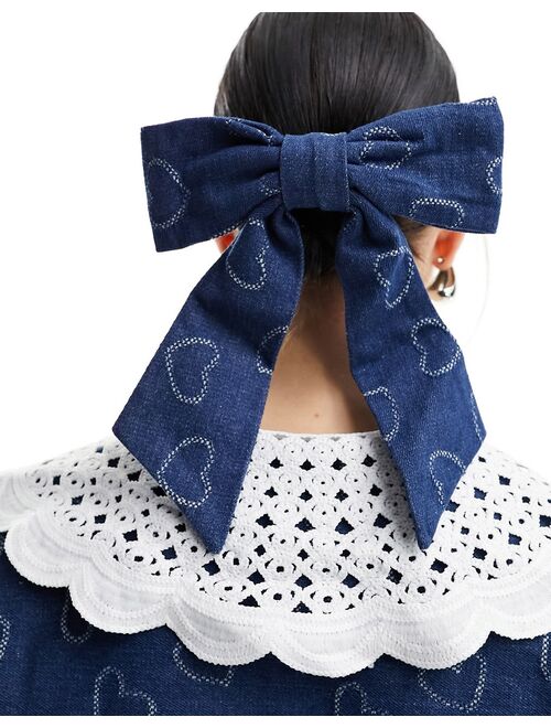 heart embellished hair bow clip in denim - part of a set