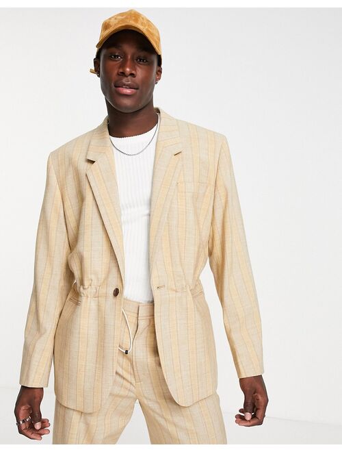 ASOS DESIGN power shoulder suit jacket with elastic waist in stone stripe