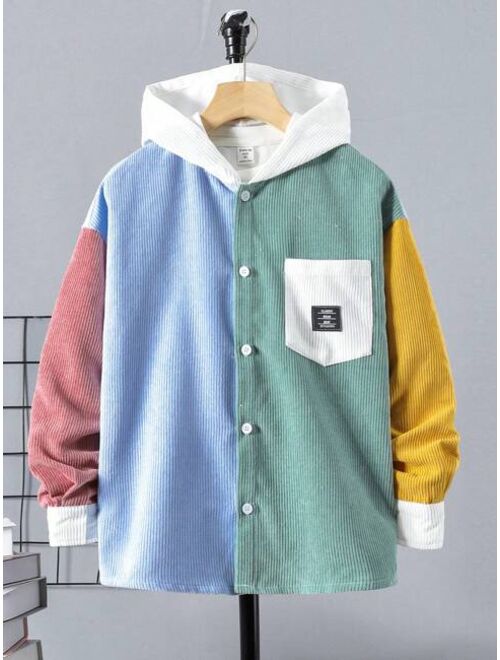 SHEIN Kids SHEIN Tween Boy Casual Hooded Button-Up Shirt With Color Block Design, Youth