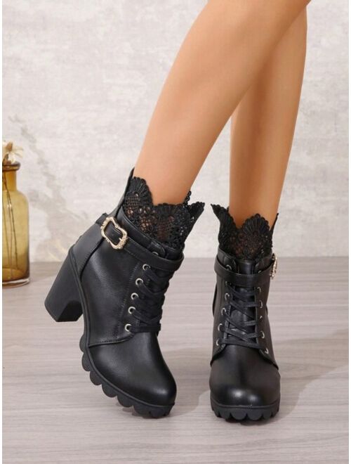 SHISHANGXIE European And American Style Thick-heeled Waterproof Platform High-heeled Short Boots With Lace Edge And Pu Belt Buckle
