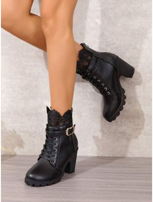 SHISHANGXIE European And American Style Thick-heeled Waterproof Platform High-heeled Short Boots With Lace Edge And Pu Belt Buckle