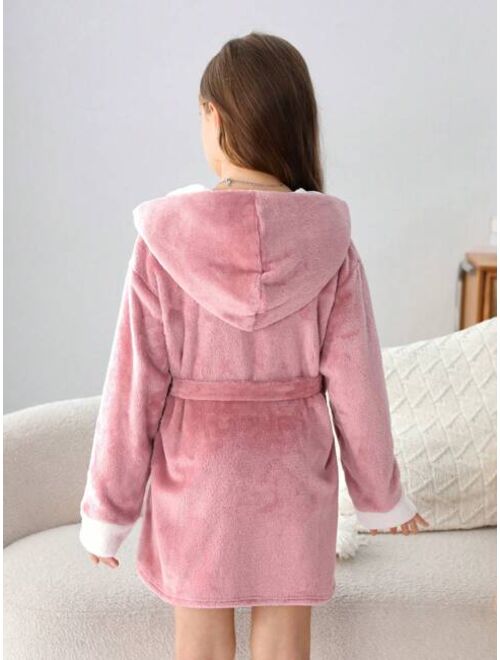 SHEIN Kids SHEIN Tween Girls' Casual Colorblock Hooded Fleece Bathrobe For Autumn And Winter