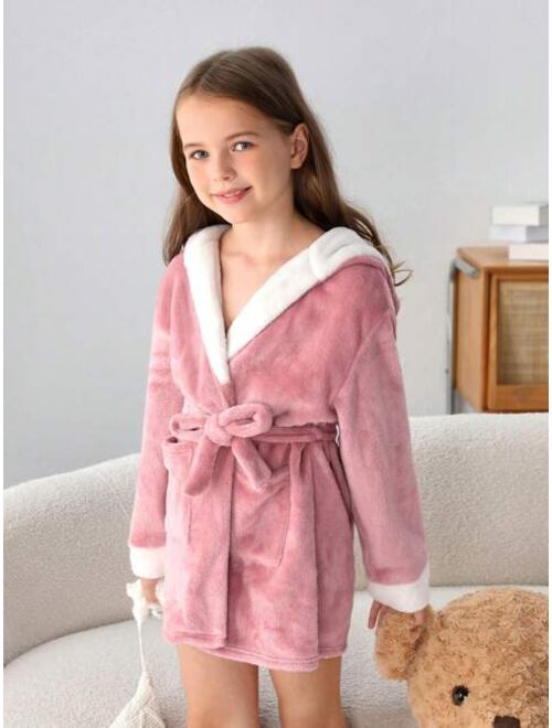 SHEIN Kids SHEIN Tween Girls' Casual Colorblock Hooded Fleece Bathrobe For Autumn And Winter
