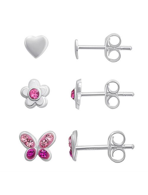 Charming Girl Sterling Silver 3 Pair Heart, Flower, & Butterfly Stud Earring Set