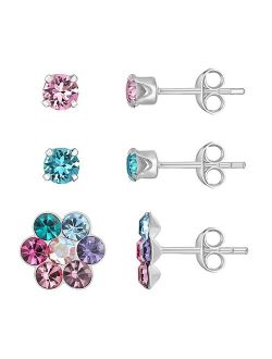 Charming Girl Sterling Silver 3 Pair Pink & Blue Crystal Stud & Flower Earring Set