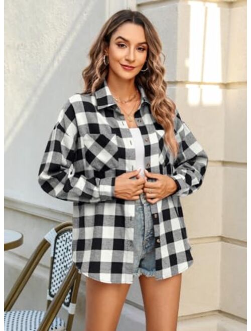 DOROSE Womens Flannel Shirts Long Sleeve Checked Plaid Shirt Button Down S-XXL