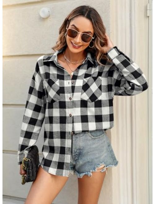 DOROSE Womens Flannel Shirts Long Sleeve Checked Plaid Shirt Button Down S-XXL
