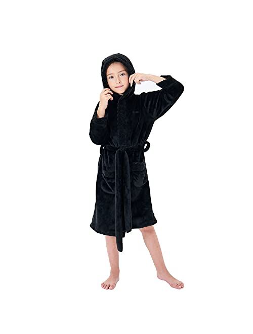 MGEOY Boys Girls Robe Soft Hooded Flannel Bathrobes for Kids With Silk Eye Sleep Mask Size 4-16