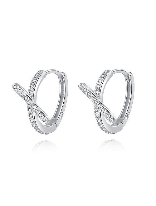 Reffeer Solid 925 Sterling Silver Letter X Hoop Earrings for Women Teen Girls CZ Hoop Earrings Huggie