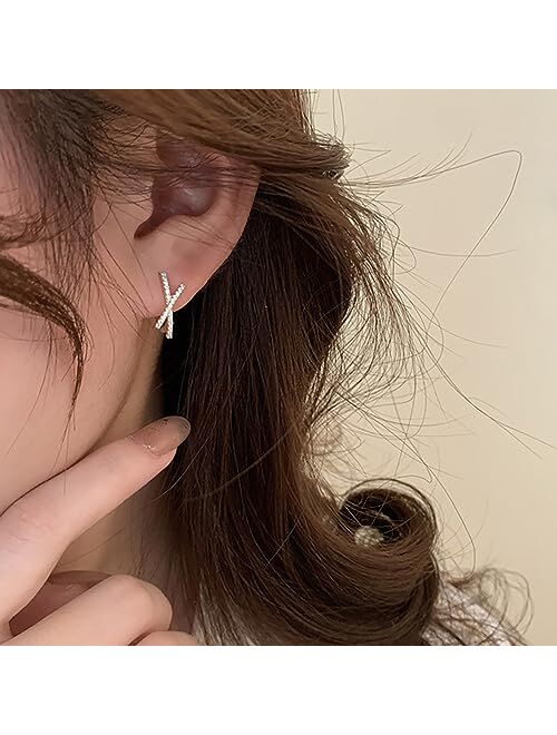 Reffeer Solid 925 Sterling Silver Letter X Hoop Earrings for Women Teen Girls CZ Hoop Earrings Huggie