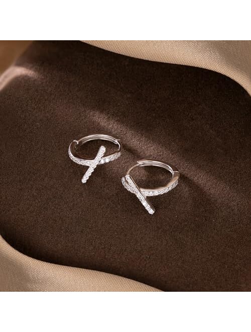 Reffeer Solid 925 Sterling Silver Letter X Hoop Earrings for Women Teen Girls CZ Hoop Earrings Huggie