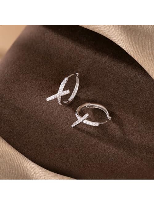 Reffeer Solid 925 Sterling Silver Letter X Hoop Earrings for Women Teen Girls CZ Hoop Earrings Huggie