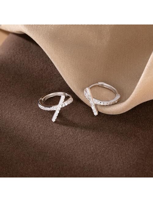Reffeer Solid 925 Sterling Silver Letter X Hoop Earrings for Women Teen Girls CZ Hoop Earrings Huggie