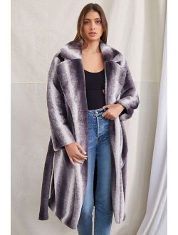 Belted Faux Fur Longline Coat Charcoal/White