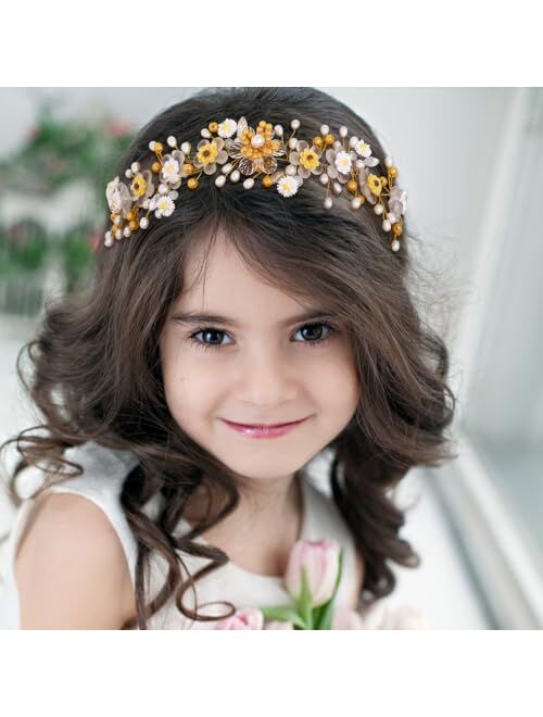 Campsis Flower Girl Headband Yellow Sunflower Princess Pearl Headpiece for Wedding Crystals Floral Girl Hair Accessories Birthday Party Frist Communion Photography for Gi