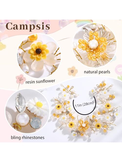 Campsis Flower Girl Headband Yellow Sunflower Princess Pearl Headpiece for Wedding Crystals Floral Girl Hair Accessories Birthday Party Frist Communion Photography for Gi
