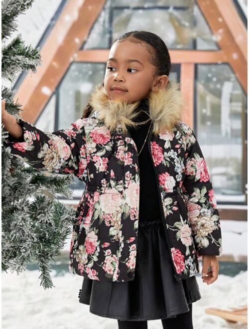 SHEIN Kids Cooltwn Young Girl Floral Print Fuzzy Trim Hooded Winter Coat