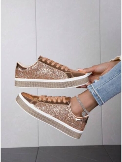 QZluoang Autumn New Arrival Pu Stitched White Sneakers With Lightweight Apricot Glitter Sequin & Versatile Design For Women's Casual Sports Shoes, Size 36-42 Eur