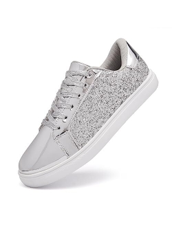 Bosenhulu Women's Glitter Shoes Fashion Shiny Sequin Sneakers Tennis Sparkly Shoes Rhinestone Bling Shoes with Lace up