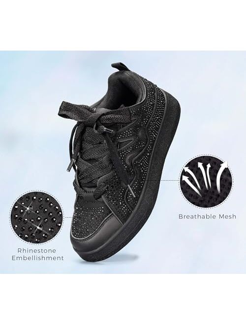 LUCKY STEP Women's Sparkle Rhinestone Fashion Sneakers Walking Tennis Bling Glitter Roaring Shoes Platform Lace up Casual Mesh Sneaker