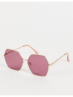 Jeepers Peepers oversized hex sunglasses in gold with blush lens