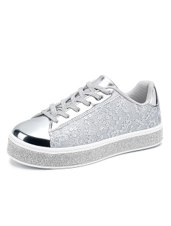 UUBARIS Women's Glitter Tennis Sneakers Floral Dressy Sparkly Sneakers Rhinestone Bling Wedding Bridal Shoes Shiny Sequin Shoes