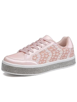 UUBARIS Women's Glitter Tennis Sneakers Floral Dressy Sparkly Sneakers Rhinestone Bling Wedding Bridal Shoes Shiny Sequin Shoes