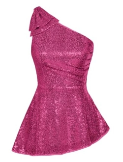 Womens Sequin Tops One Shoulder Sleeveless Glitter Sparkly Party Blouse Dressy Tops for Evening Party