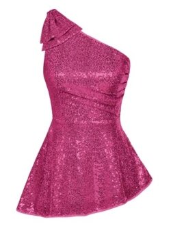 Womens Sequin Tops One Shoulder Sleeveless Glitter Sparkly Party Blouse Dressy Tops for Evening Party