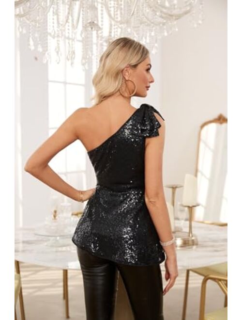 GRACE KARIN Womens Sequin Tops One Shoulder Sleeveless Glitter Sparkly Party Blouse Dressy Tops for Evening Party