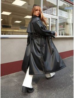 Apperloth A Raglan Sleeve Belted Longline Patent PU Leather Trench Fall Coat