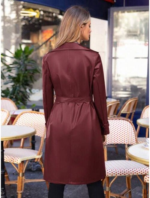 SHEINFrenchy SHEIN Frenchy Women'S Double-Breasted Pu Trench Coat With Waist Belt