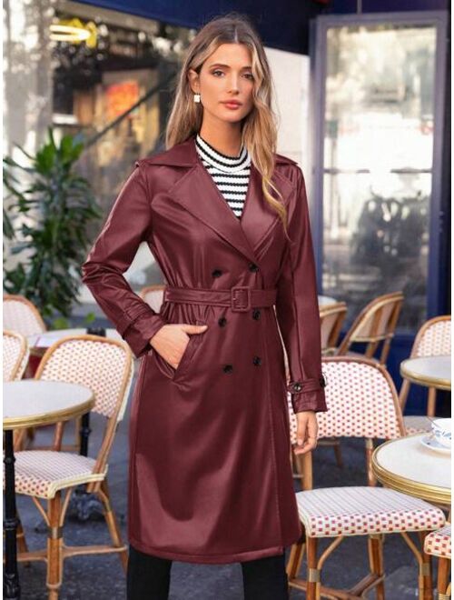 SHEINFrenchy SHEIN Frenchy Women'S Double-Breasted Pu Trench Coat With Waist Belt