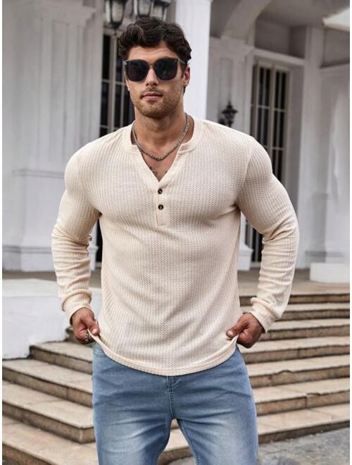 Shein Manfinity Homme Men Notched Collar Waffle Knit Long Sleeve T-Shirt
