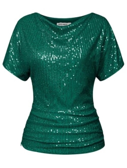 Women 2024 Summer Sequin Top Cowl Neck Batwing Sleeve Ruched Sparkly Glitter Party Blouse