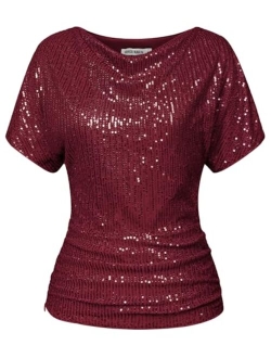 Women 2024 Summer Sequin Top Cowl Neck Batwing Sleeve Ruched Sparkly Glitter Party Blouse