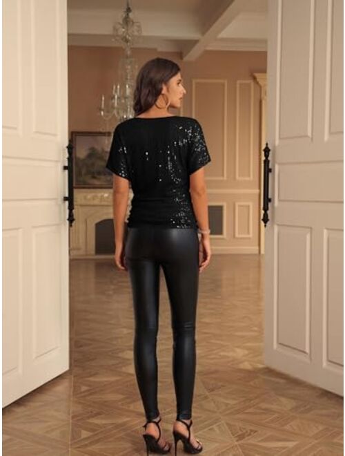 GRACE KARIN Women 2024 Summer Sequin Top Cowl Neck Batwing Sleeve Ruched Sparkly Glitter Party Blouse