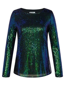 Sequin Tops for Women Sparkly Top Glitter Evening Party Shiny Split Mesh Back Long Sleeve Blouses