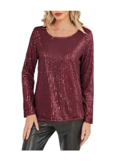 Sequin Tops for Women Sparkly Top Glitter Evening Party Shiny Split Mesh Back Long Sleeve Blouses