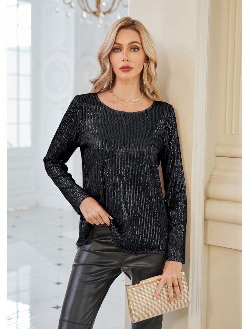 GRACE KARIN Sequin Tops for Women Sparkly Top Glitter Evening Party Shiny Split Mesh Back Long Sleeve Blouses
